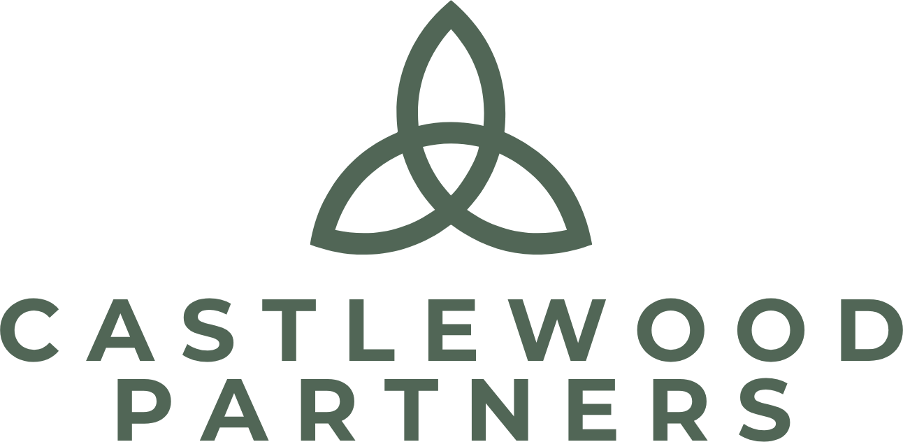 "Logo for Castlewood Partners featuring a green triquetra symbol above the company name in bold capital letters."