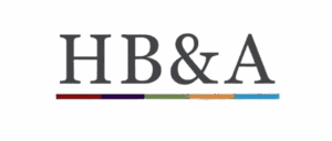 “HB&A logo with stylized letters and a horizontal line of color segments underneath.