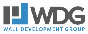 Logo for Wall Development Group featuring the letters "WDG" in bold gray font with a blue geometric design to the left.